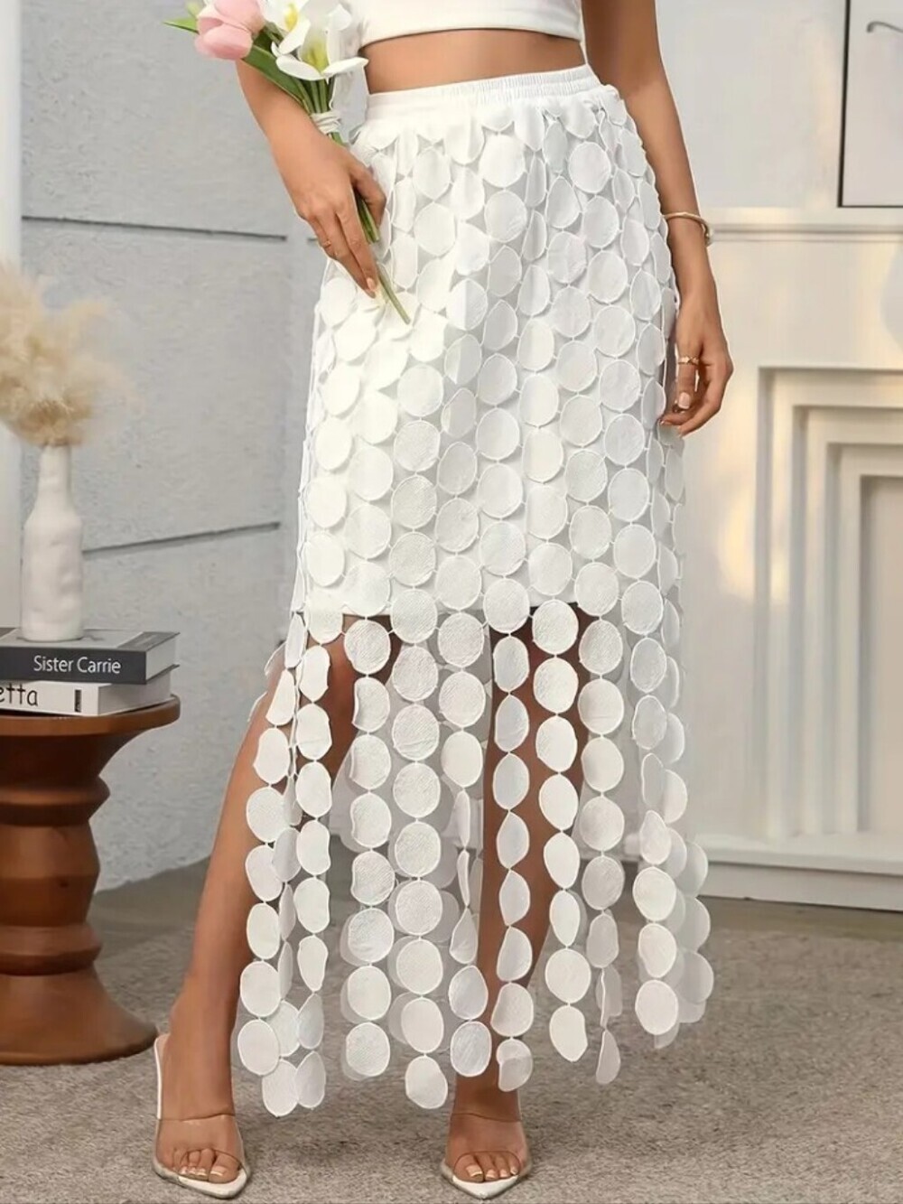 Hollow Embroidered Polka Dot Tassel Straight Half Skirt